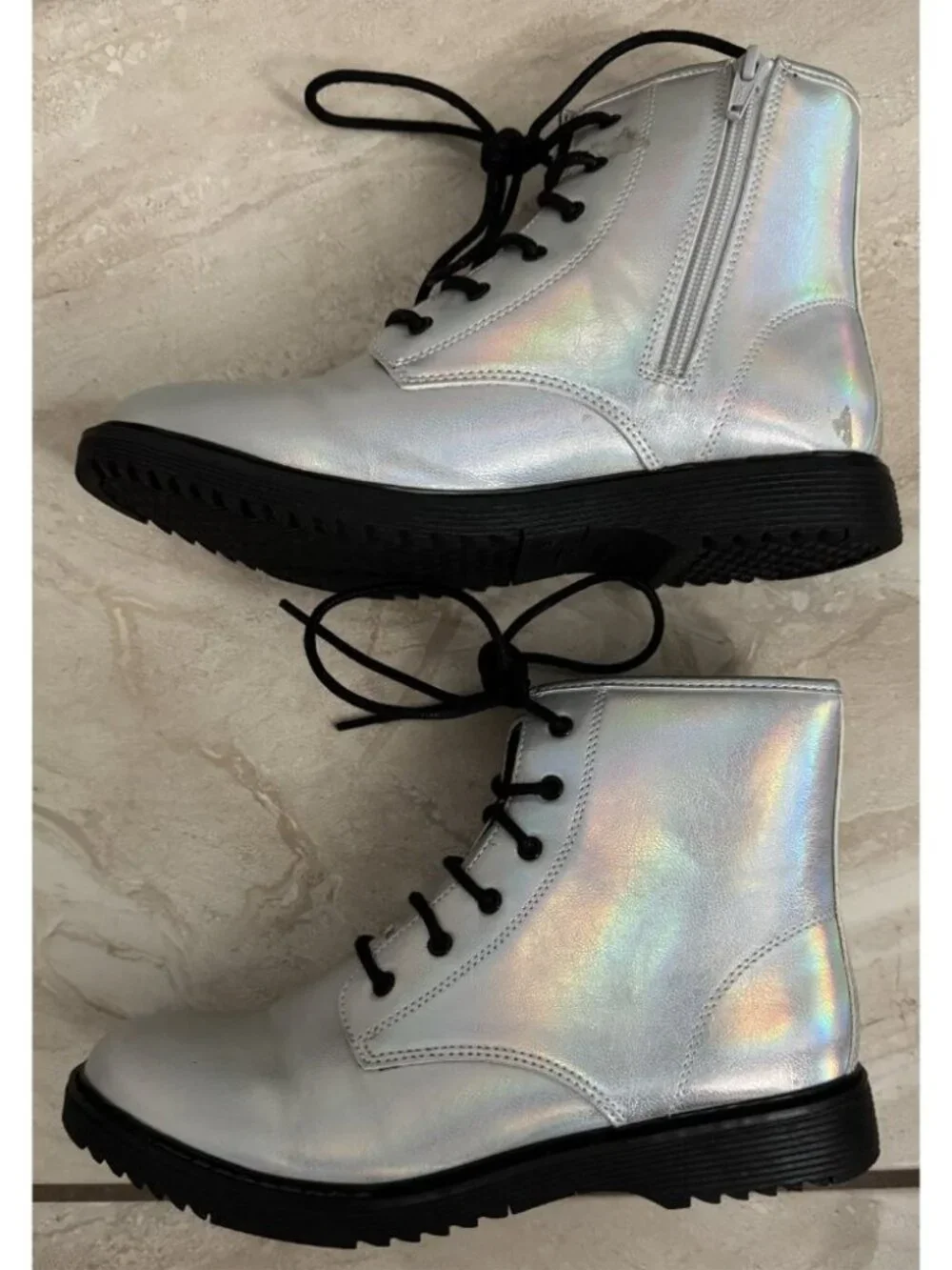 Girls Metallic Silver Combat Boots Lace Up Size 6 The Children’s Place